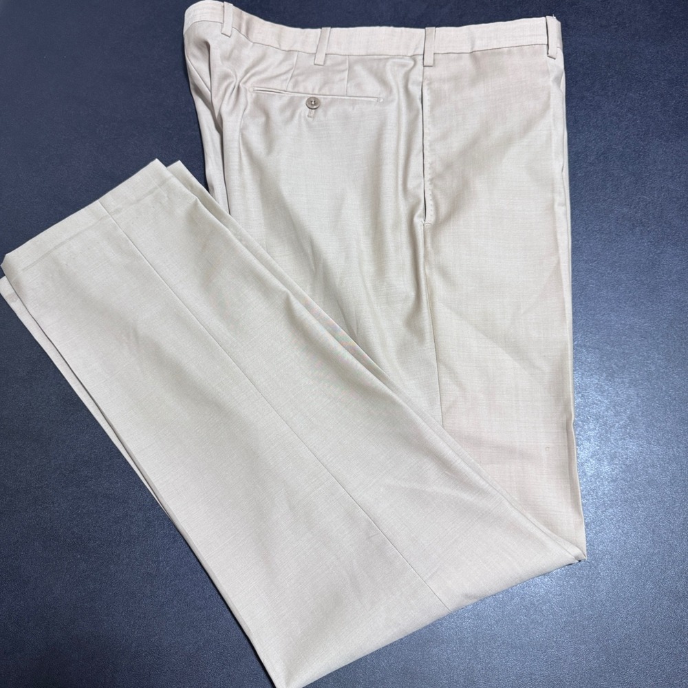 Incotex Trousers Mens 38 Beige Solid Super 150s Wool Flat Front Dress Slacks
